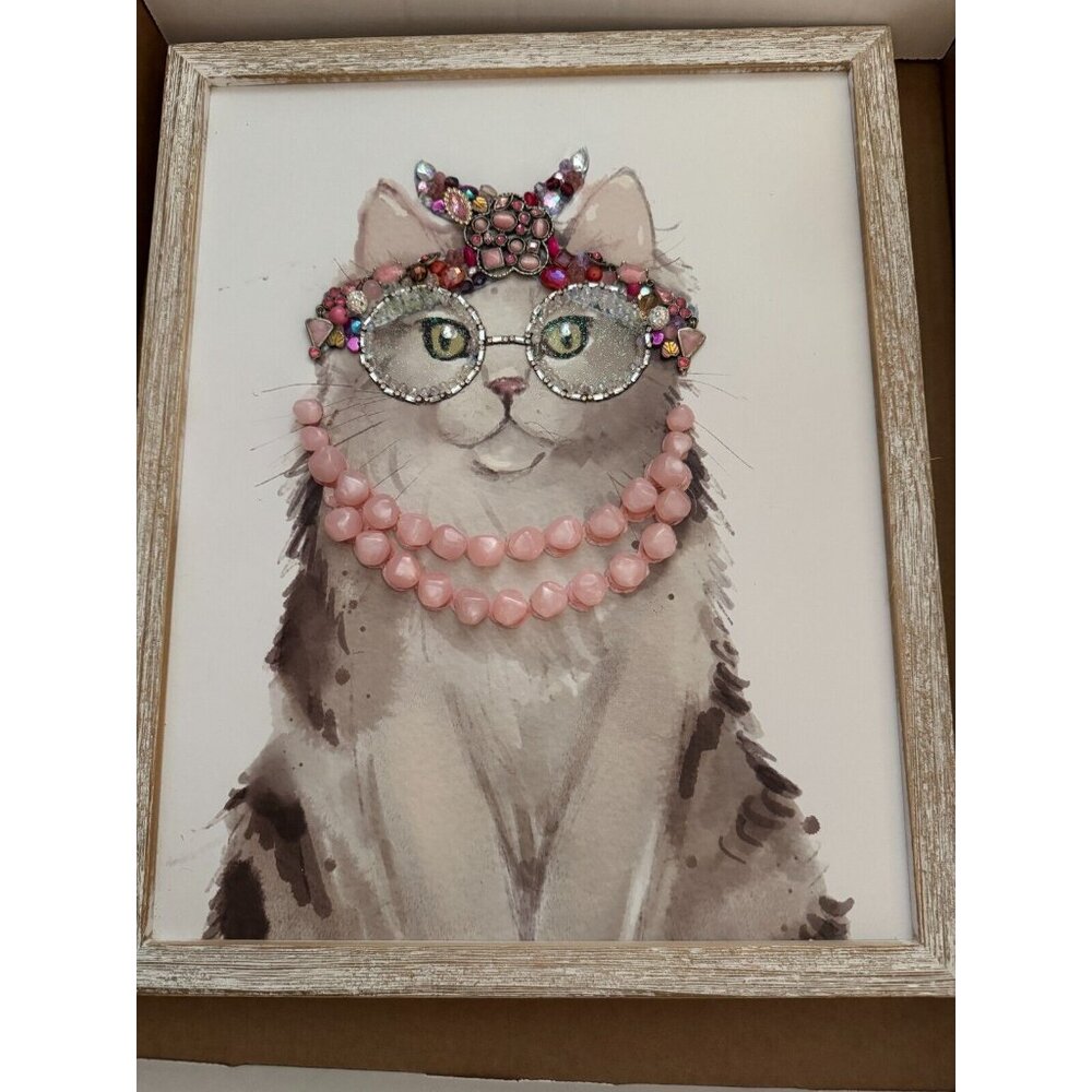 Framed Jewelry Art Cat With Pink Pearls &Embellished Glasses By Betty 13" X 16" - Picture 5 of 5
